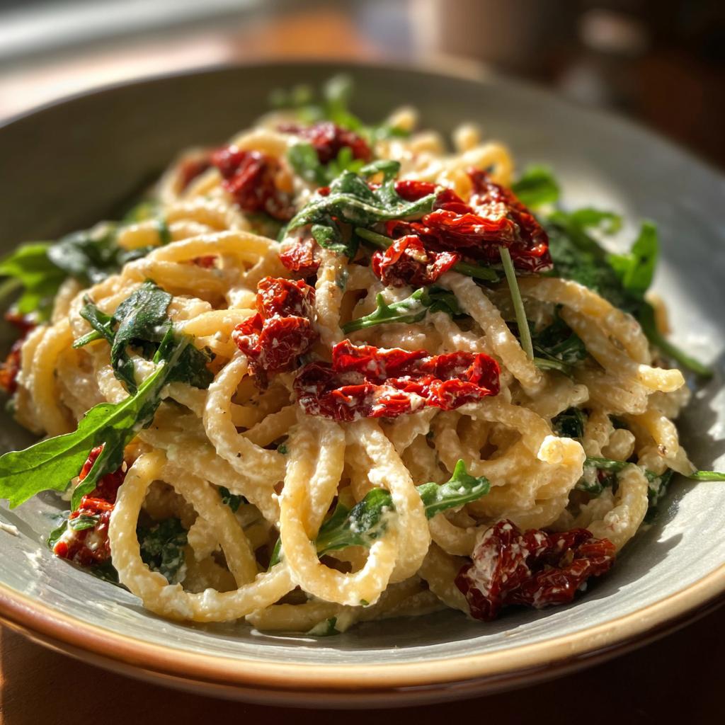 Eine Schüssel Pasta mit getrockneten Tomaten, Frischkäse und Rucola, appetitlich angerichtet.