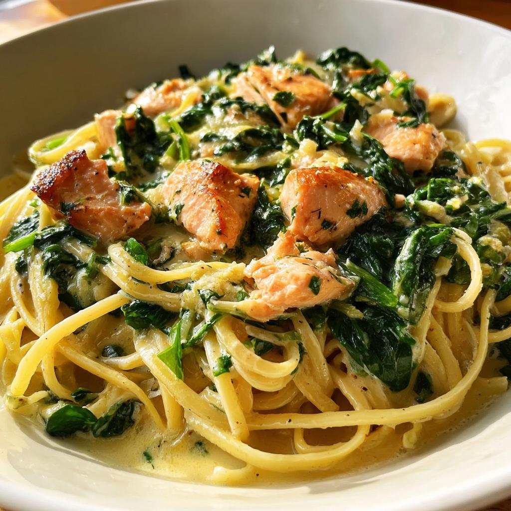 Eine köstliche Portion Pasta mit Lachs, Spinat und cremiger Zitronen-Sahne-Sauce, garniert mit Petersilie.