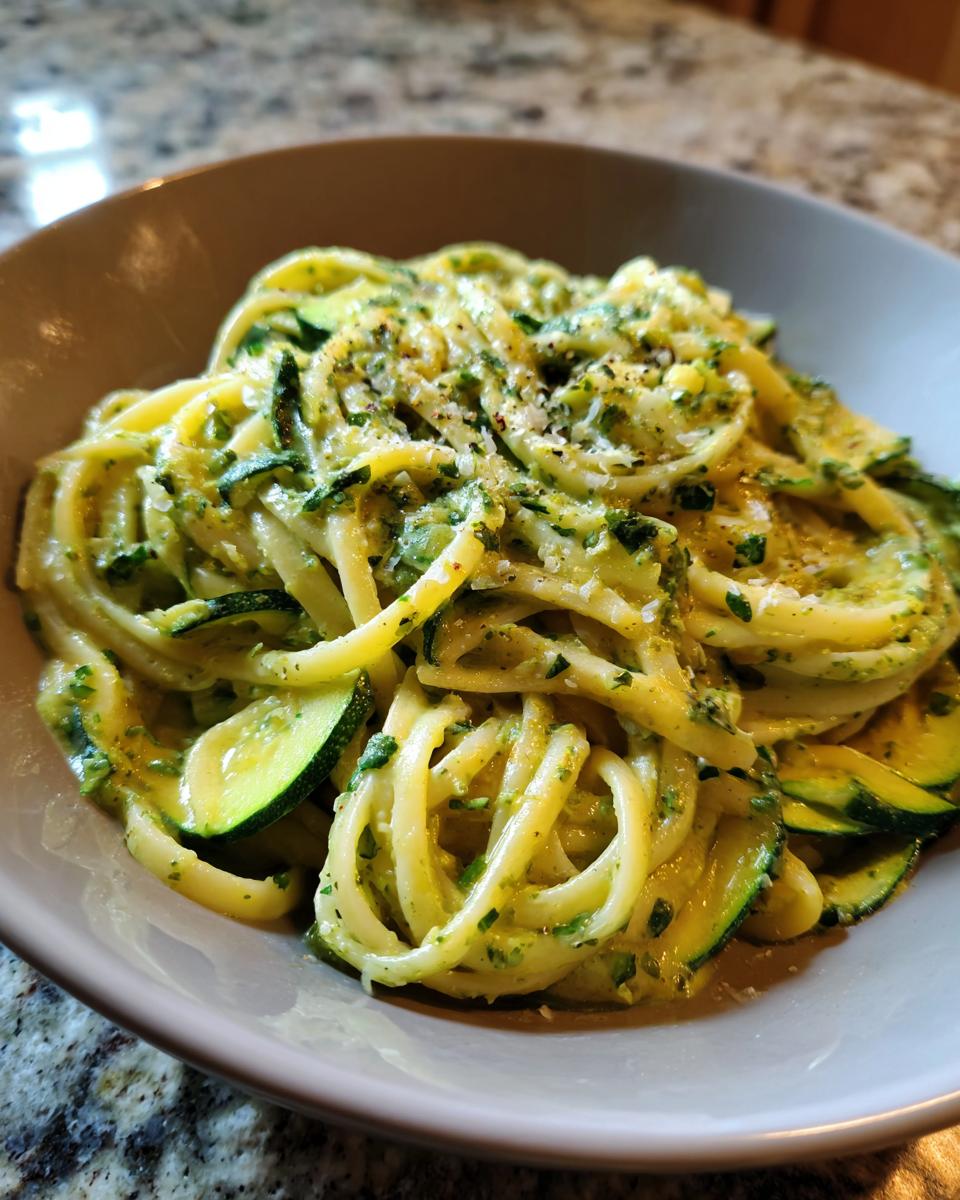 Eine Schüssel Pasta mit Zucchini und Kräuterrahm, garniert mit Parmesan und Kräutern.