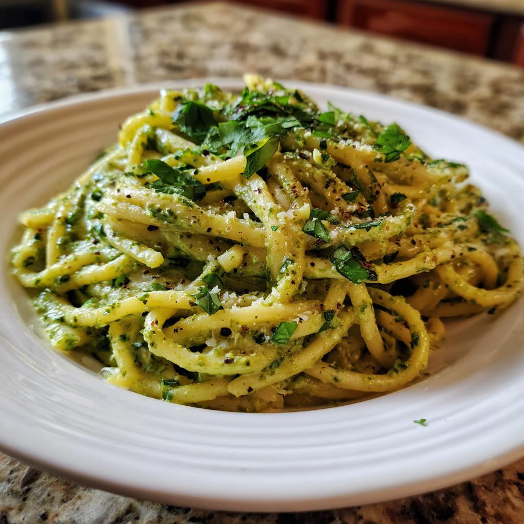 Eine Nahaufnahme von Pasta mit Zucchini und Kräuterrahm, garniert mit frischer Petersilie und Parmesan.