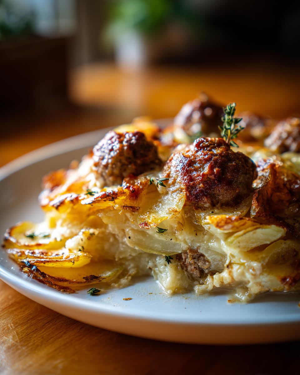 Nahaufnahme eines cremigen Anschnitts vom Patatesli Köfte (Kartoffel-Köfte-Auflauf) mit goldbraunen Fleischbällchen.