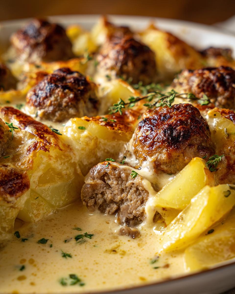 Nahaufnahme vom Patatesli Köfte Auflauf mit Fleischbällchen, Kartoffeln und cremiger Sauce.