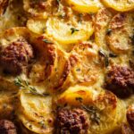 Nahaufnahme des überbackenen Patatesli Köfte (Kartoffel-Köfte-Auflauf) mit goldbraunen Kartoffelscheiben und Fleischbällchen.