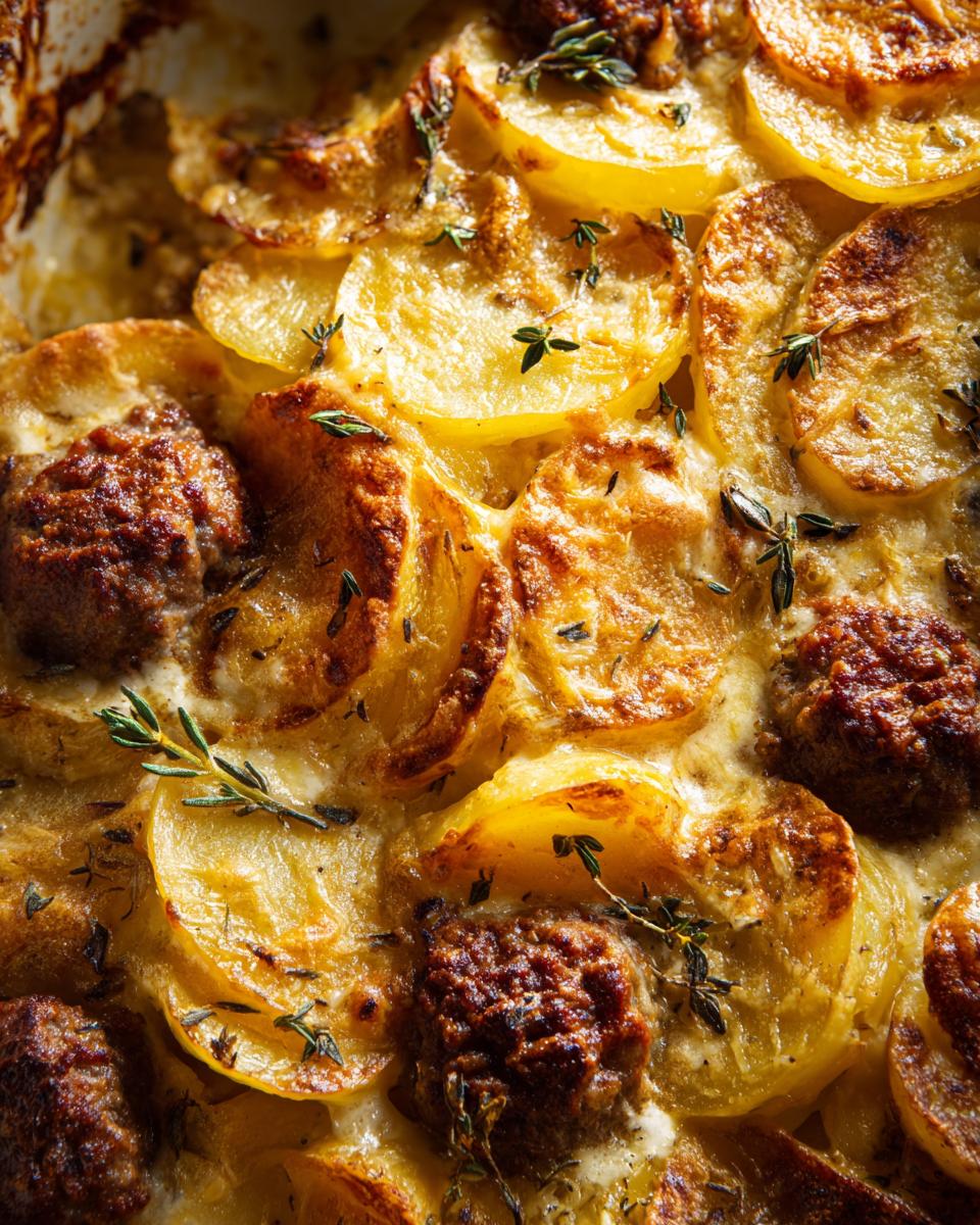 Nahaufnahme des überbackenen Patatesli Köfte (Kartoffel-Köfte-Auflauf) mit goldbraunen Kartoffelscheiben und Fleischbällchen.