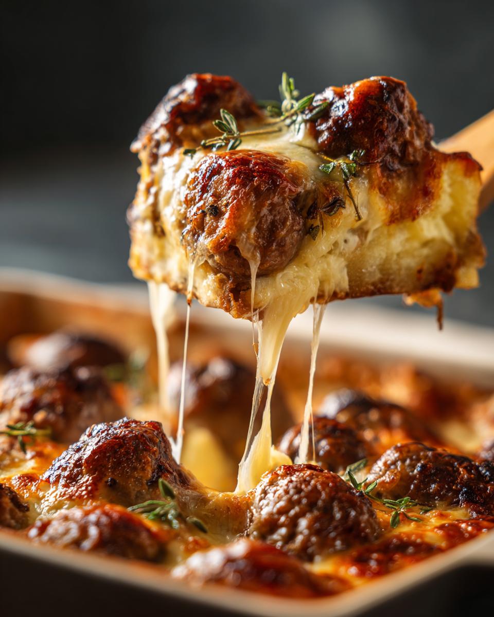 Ein Stück herzhafter Patatesli Köfte Auflauf mit Frikadellen und geschmolzenem Käse wird herausgehoben.