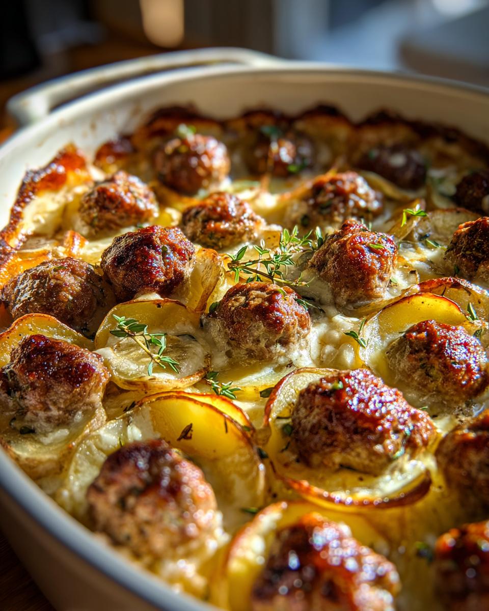 Nahaufnahme des fertigen Patatesli Köfte (Kartoffel-Köfte-Auflauf) mit goldbraunen Hackbällchen und Kartoffelscheiben.