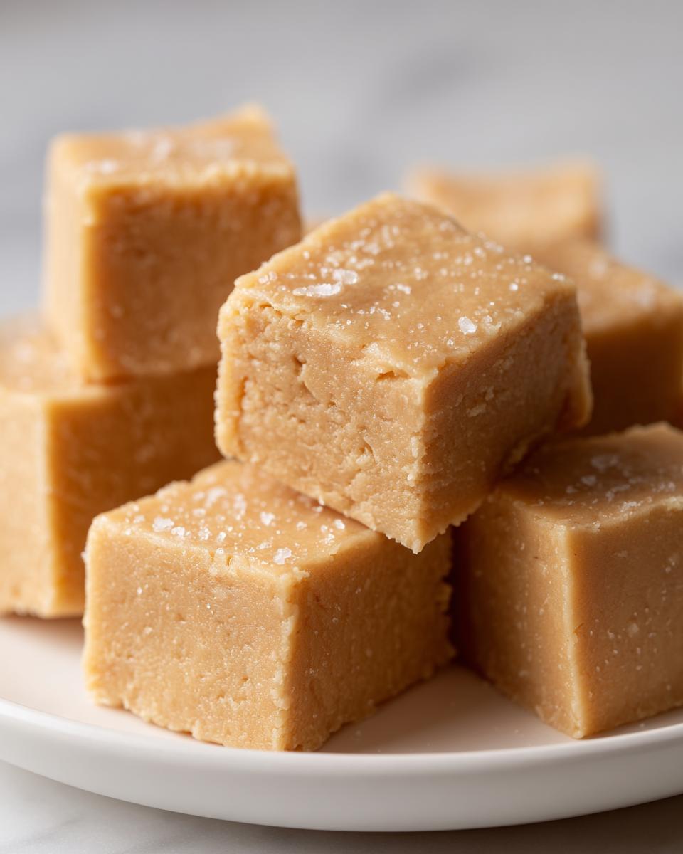 Nahaufnahme von gestapeltem Peanut Butter Fudge, bestreut mit grobem Meersalz auf einem weißen Teller.