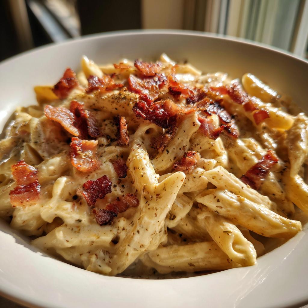 Nahaufnahme von Penne mit cremiger Käsesauce und knusprigem Speck, bestreut mit Kräutern.