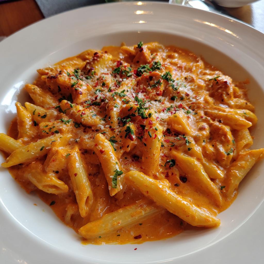 Nahaufnahme von Penne in einer cremigen Tomaten-Frischkäse-Sauce, bestreut mit Kräutern und Chili.