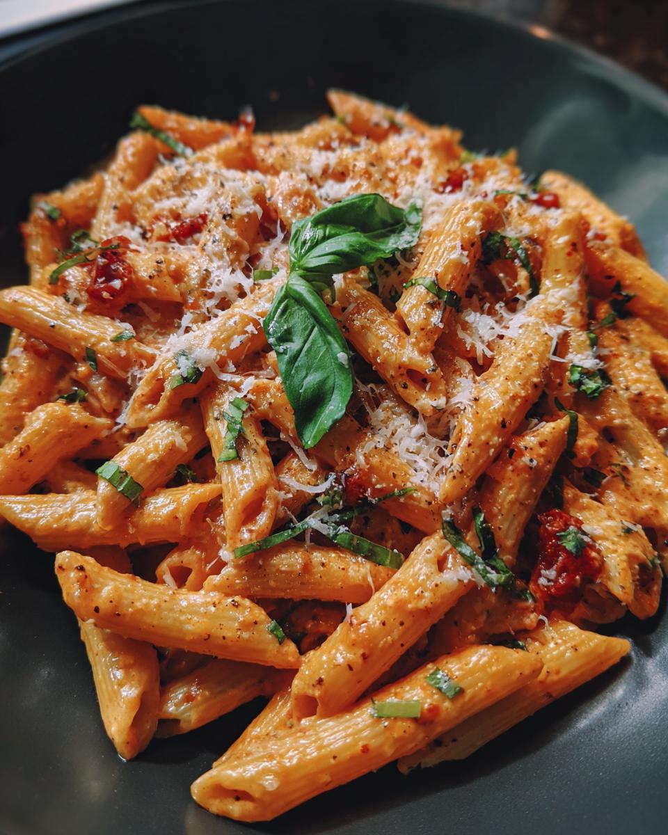 Nahaufnahme einer Schüssel Penne in einer cremigen Tomaten-Frischkäse-Sauce, garniert mit Basilikum und Parmesan.