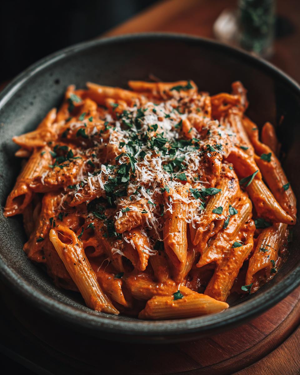 Eine Schüssel Penne in cremiger Tomaten-Frischkäse-Sauce, garniert mit Parmesan und Petersilie.