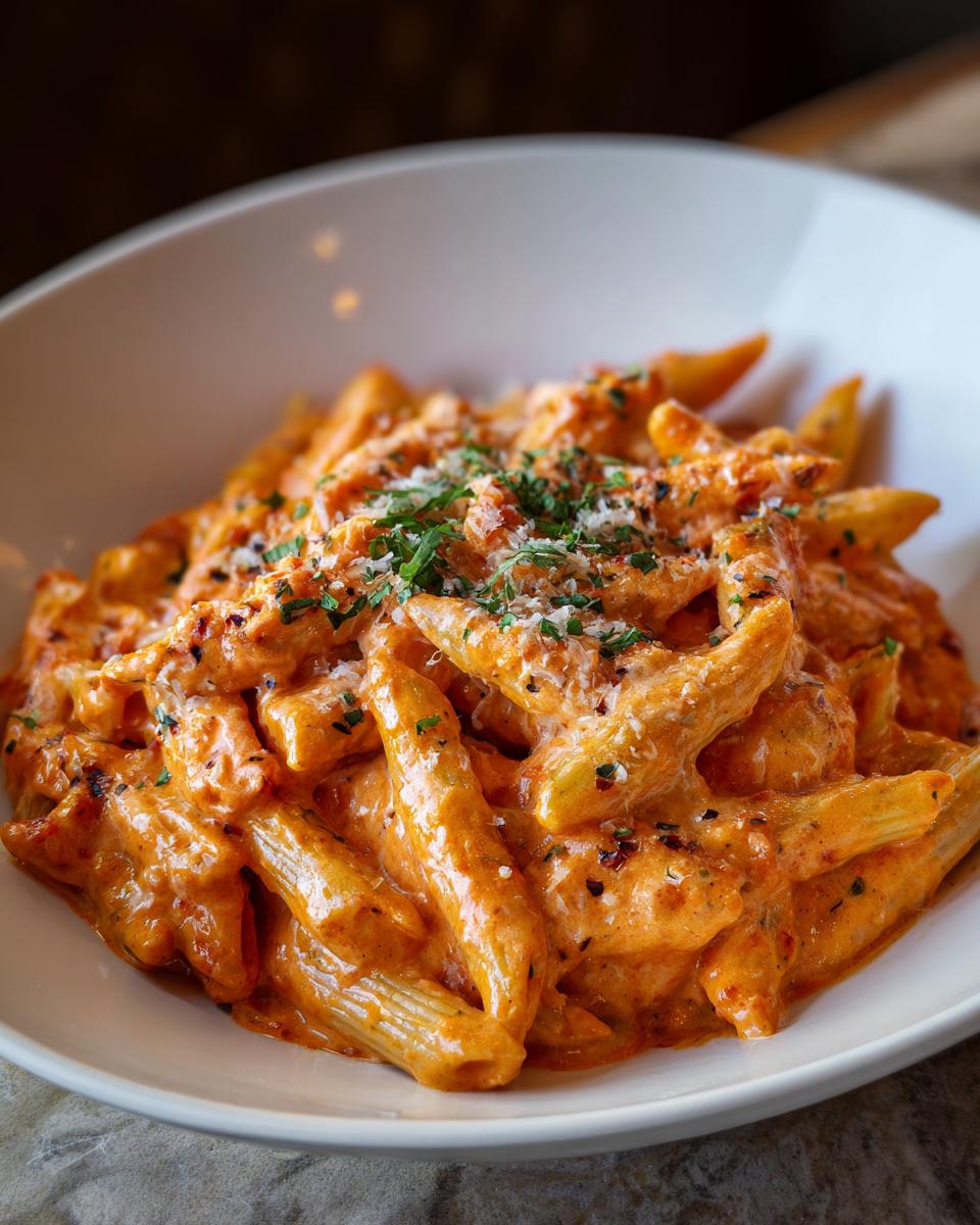 Eine Schüssel Penne in cremiger Tomaten-Frischkäse-Sauce, garniert mit Parmesan und Petersilie.