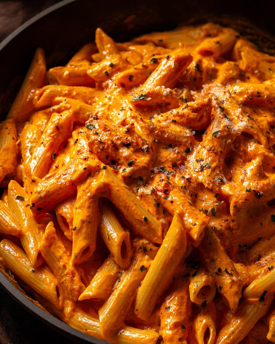 Nahaufnahme von Penne in einer cremigen Tomaten-Frischkäse-Sauce, bestreut mit Kräutern und Gewürzen.