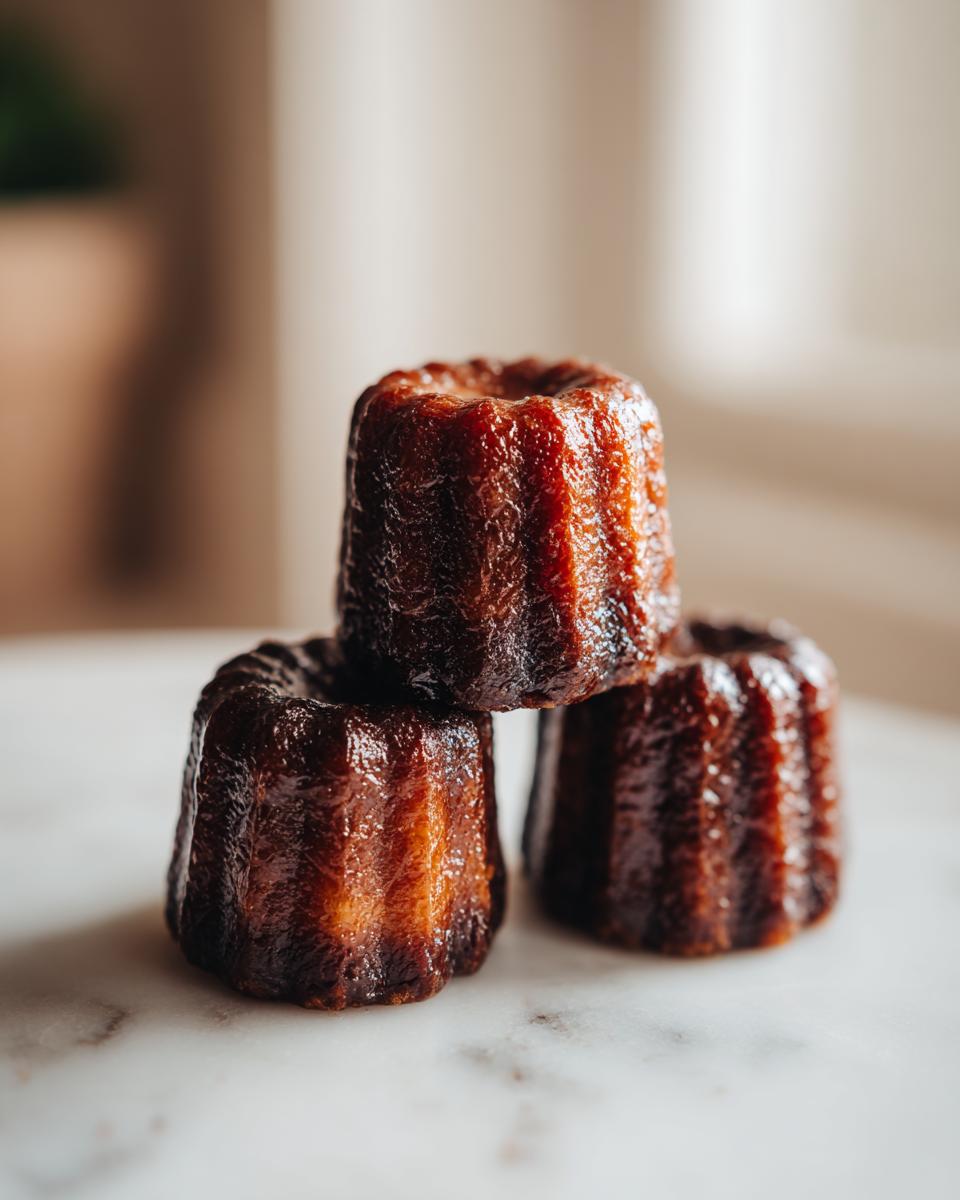 Drei dunkelbraune, glänzende Canelés sind auf einer hellen Marmoroberfläche gestapelt.