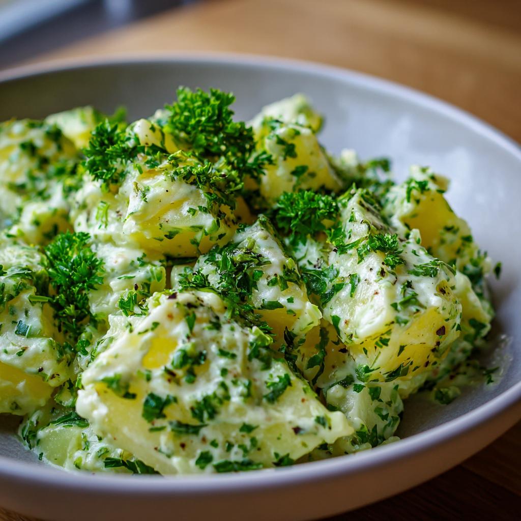 Nahaufnahme von cremigen Petersilienkartoffeln, garniert mit frischer Petersilie, passend zu Rahmkohlrabi.