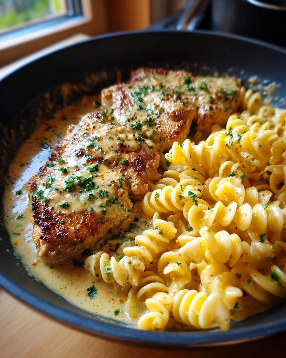 Drei saftige Pfefferrahm-Schnitzel mit Spiralnudeln in einer Pfanne, garniert mit Petersilie.