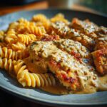 Ein Teller mit goldbraunem Pfefferrahm-Schnitzel und Spiralnudeln, übergossen mit einer cremigen Sauce.