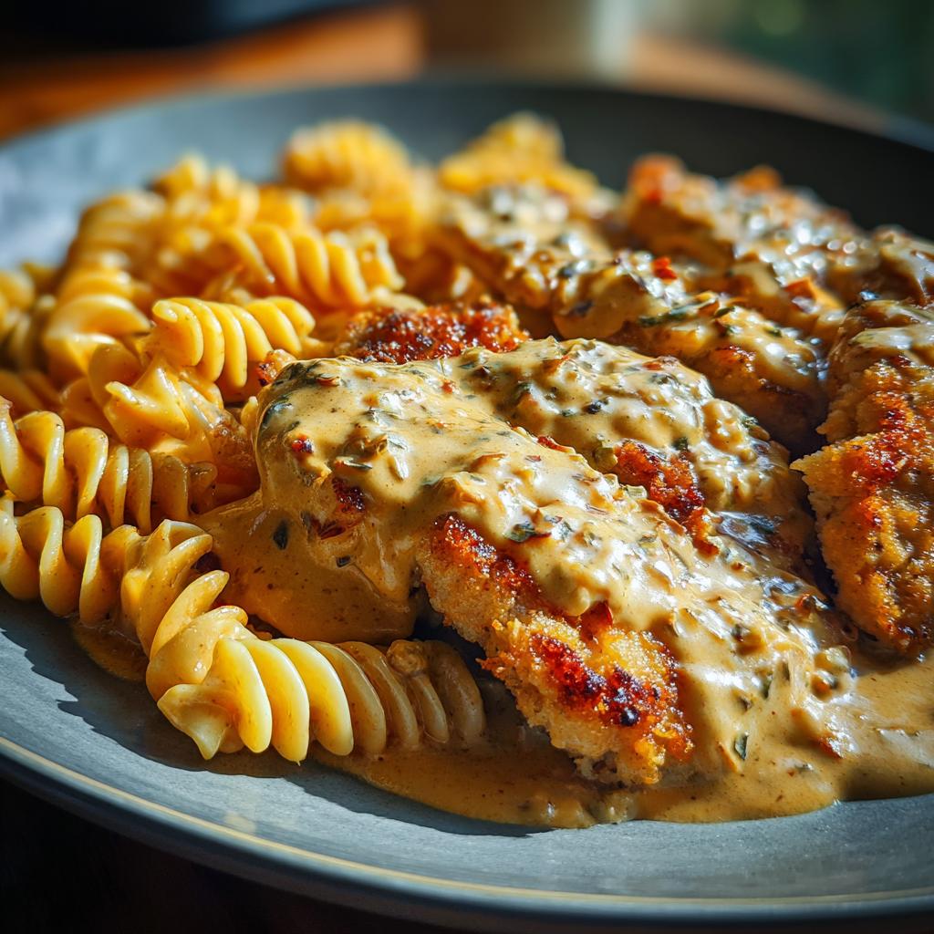 Ein Teller mit goldbraunem Pfefferrahm-Schnitzel und Spiralnudeln, übergossen mit einer cremigen Sauce.