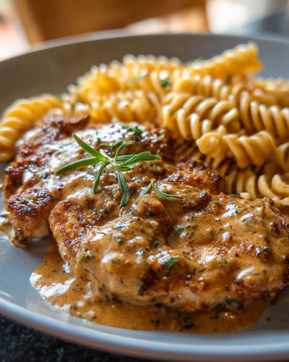 Nahaufnahme von zartem Pfefferrahm-Schnitzel mit cremiger Sauce und Spiralnudeln, garniert mit Rosmarin.