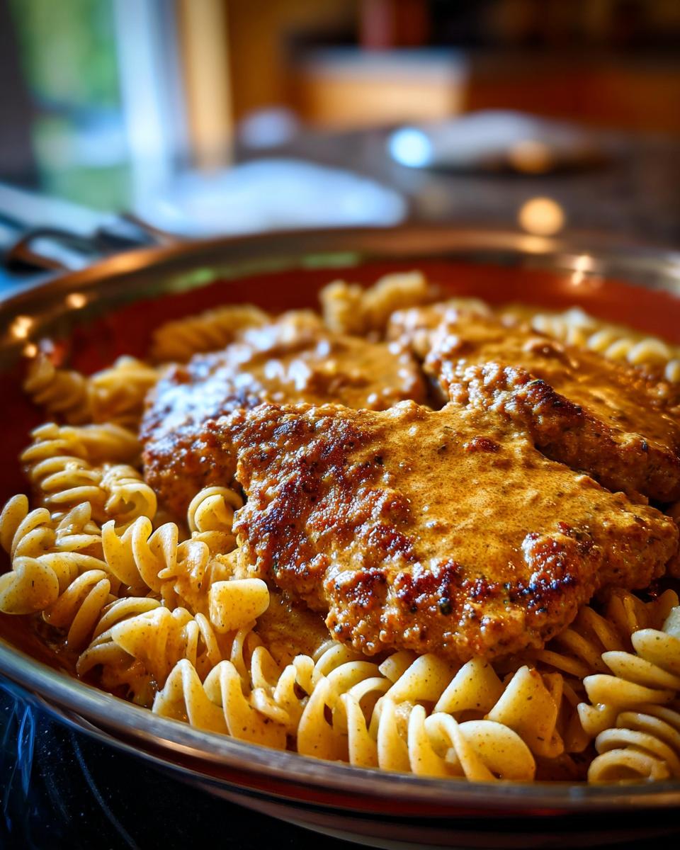 Nahaufnahme von Pfefferrahm-Schnitzel mit Spiralnudeln in einer Schüssel, mit cremiger Pfeffersauce übergossen.