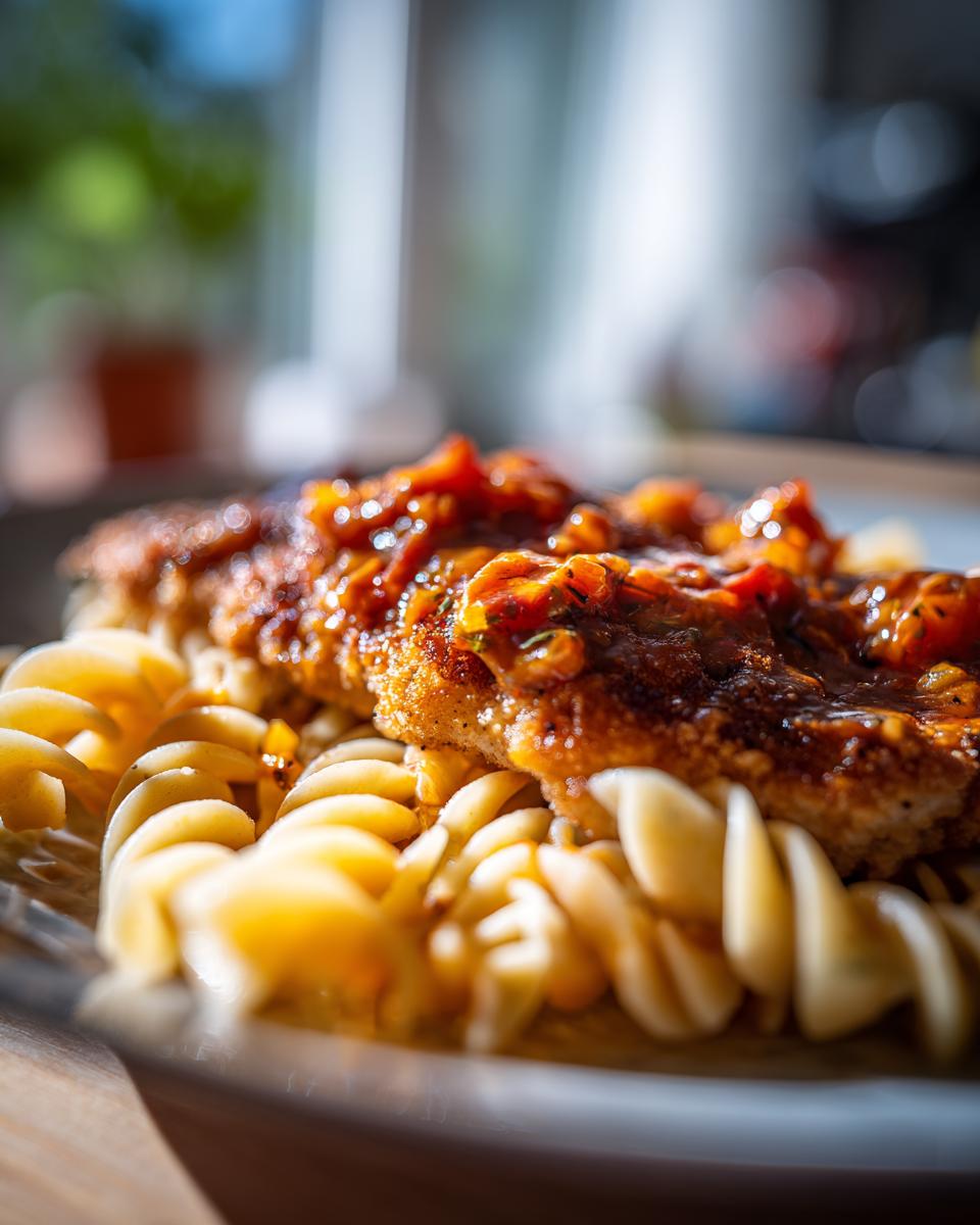 Nahaufnahme von einem saftigen Pfefferrahm-Schnitzel mit Spiralnudeln, übergossen mit einer würzigen Sauce.