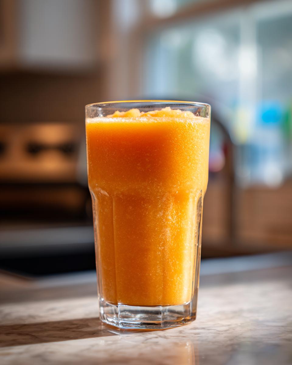 Ein Glas Pfirsich-Maracuja-Frappe mit einer leuchtend orangen Farbe und einer eisigen Textur, bereit zum Genießen.