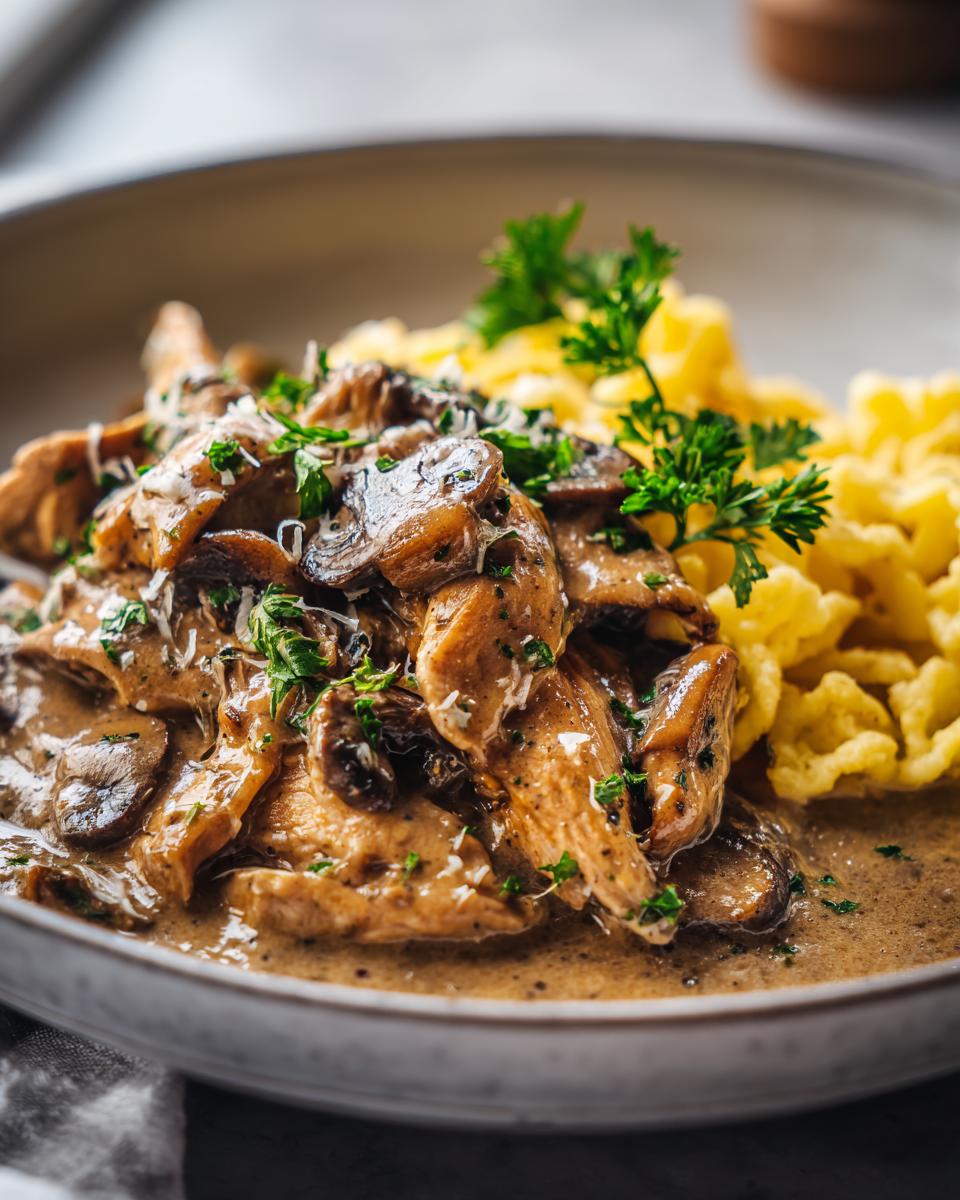 Nahaufnahme von Pilzrahm-Geschnetzeltes mit Spätzle, garniert mit frischer Petersilie.