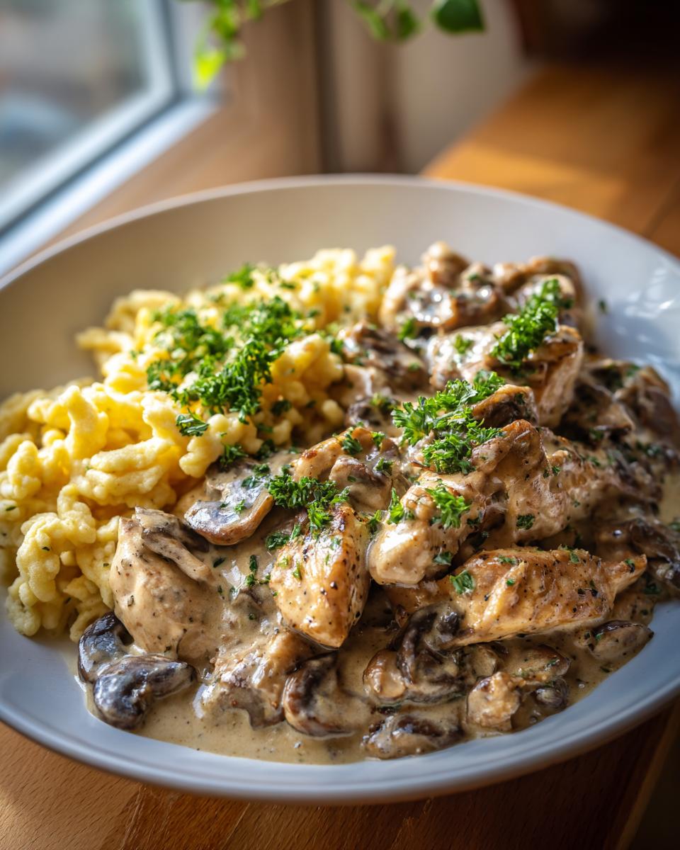 Herzhaftes Pilzrahm-Geschnetzeltes mit Spätzle, garniert mit frischer Petersilie, in einer Schüssel serviert.