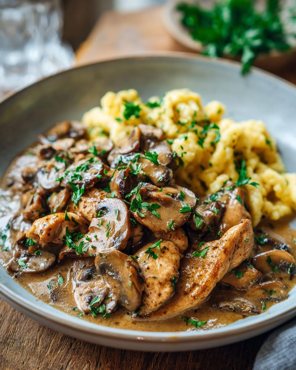 Eine köstliche Nahaufnahme von Pilzrahm-Geschnetzeltem mit Spätzle, garniert mit frischer Petersilie.