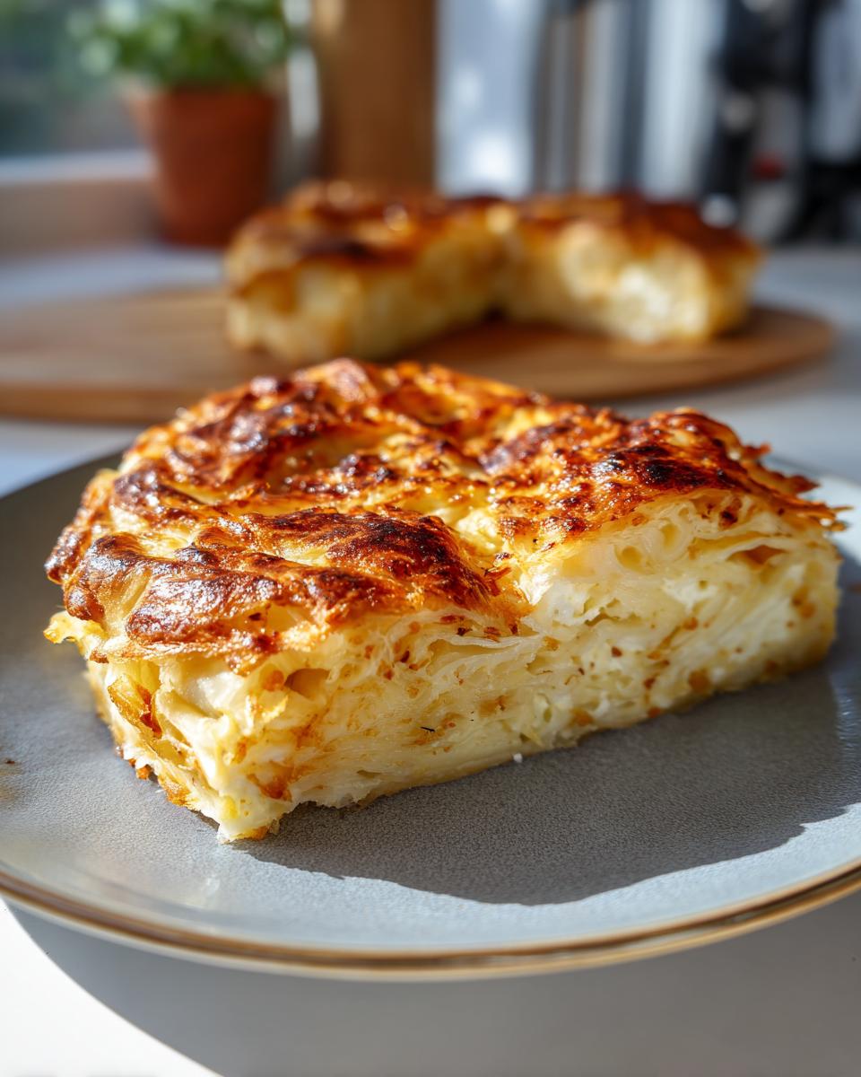 Ein Stück Pita sa Sirom, ein herzhafter Balkan-Käse-Strudel mit Feta und Joghurt, auf einem Teller.