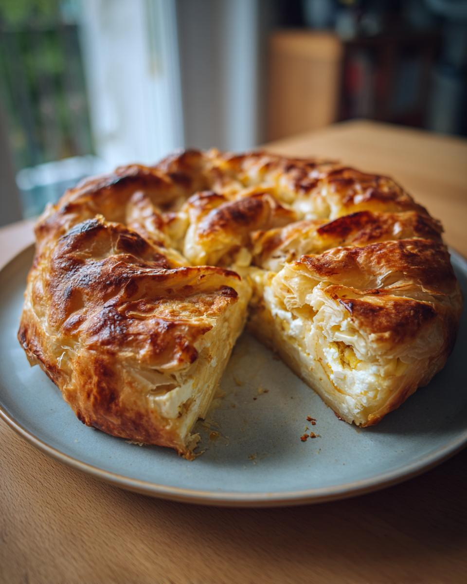 Ein goldbraun gebackener Pita sa Sirom (Balkan-Käse-Strudel) mit Feta und Joghurt, ein Stück herausgeschnitten.