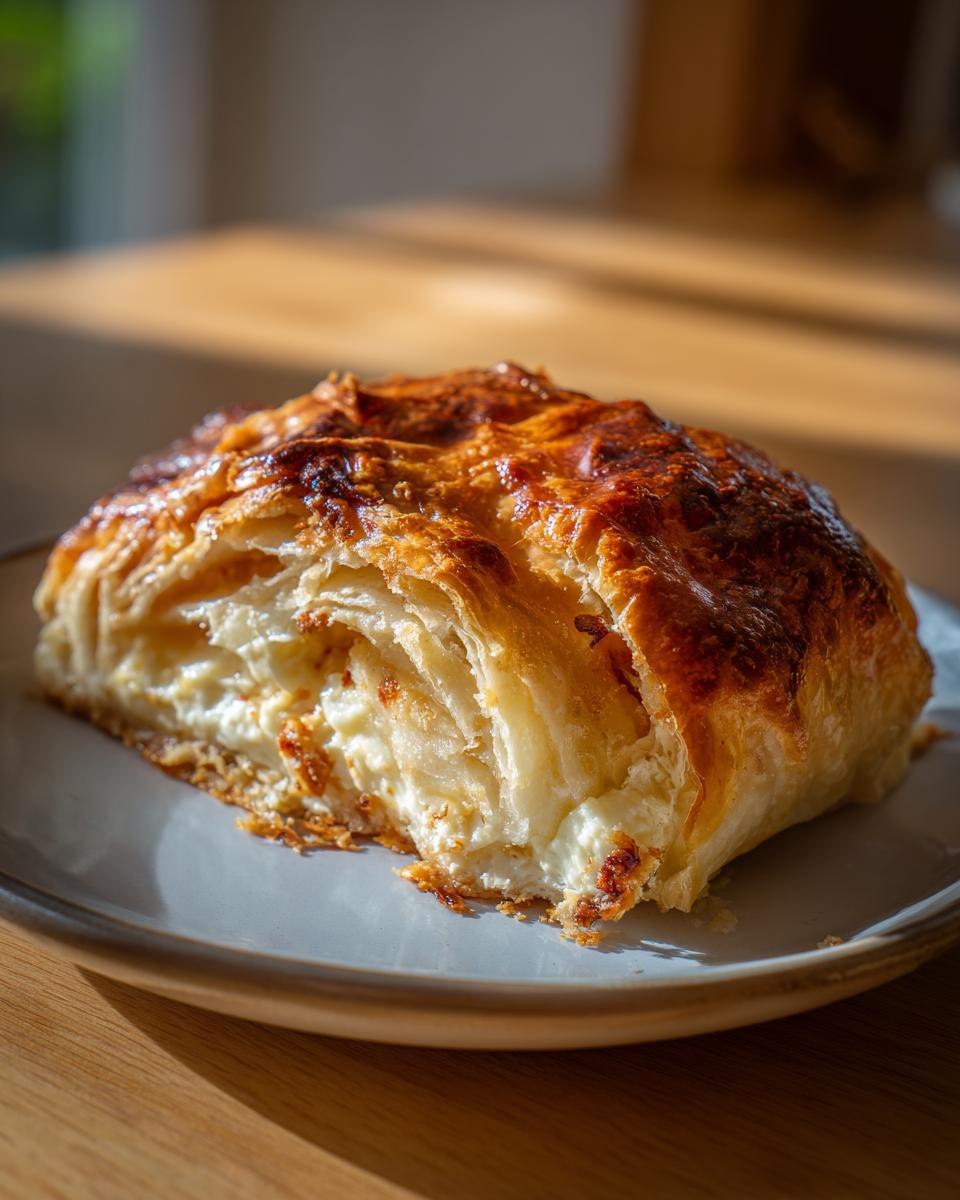 Ein Stück Pita sa Sirom, ein Balkan-Käse-Strudel mit Feta und Joghurt, auf einem Teller.