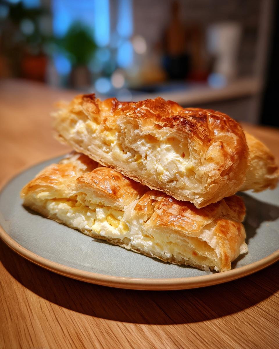 Zwei Stücke Pita sa Sirom, ein Balkan-Käse-Strudel mit Feta und Joghurt, auf einem Teller.