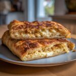 Zwei Scheiben Pita sa Sirom, ein Balkan-Käse-Strudel mit Feta und Joghurt, auf einem Teller gestapelt.