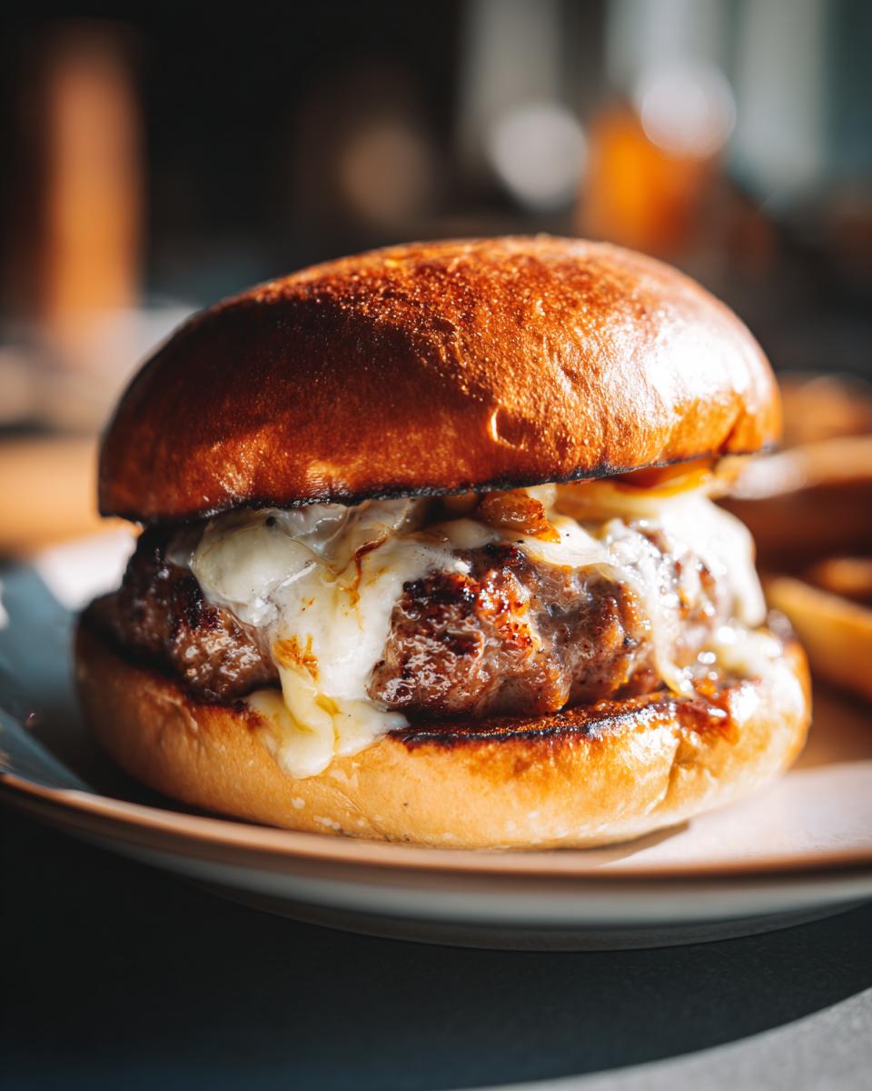 Nahaufnahme einer saftigen Pljeskavica, einem würzigen Hacksteak, das mit geschmolzenem Käse überbacken ist, auf einem Brötchen.