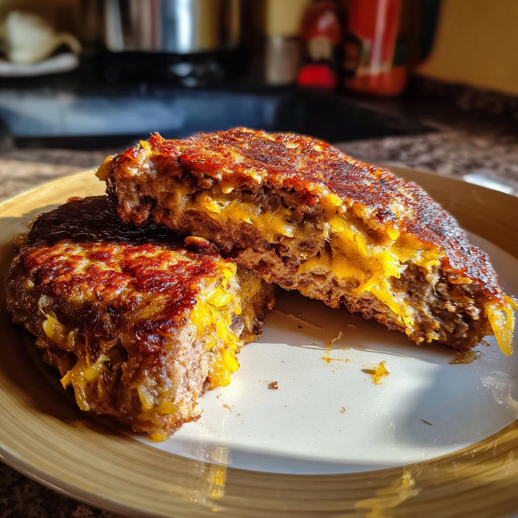 Ansicht von zwei saftigen Pljeskavica, die aufgeschnitten sind und eine köstliche Käsefüllung zeigen.