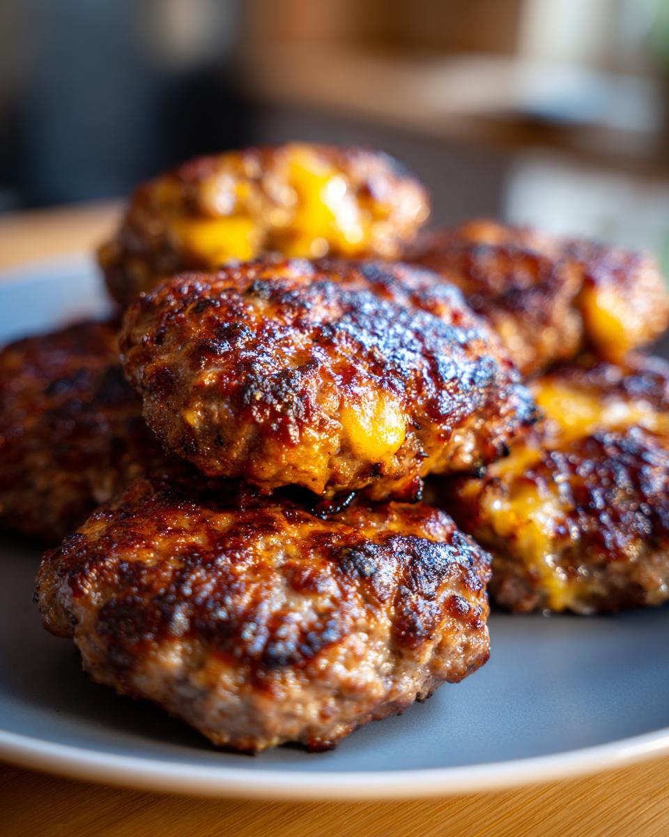 Nahaufnahme von saftigen, gebratenen Pljeskavica – würzige Hacksteaks mit geschmolzener Käsefüllung.