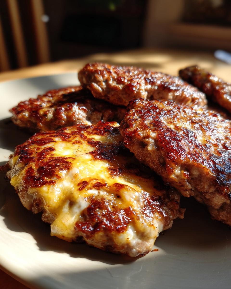 Nahaufnahme von saftigen Pljeskavica – würzige Hacksteaks mit geschmolzener Käsefüllung, goldbraun gebraten.