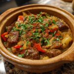 Nahaufnahme von Prebranac – Serbischer Bohneneintopf mit Zwiebeln und Paprika, garniert mit Petersilie und Paprikapulver.