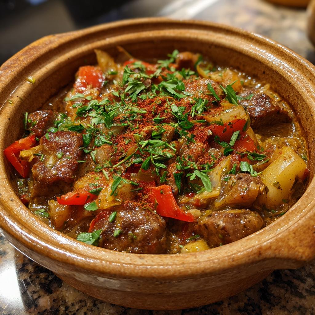 Nahaufnahme von Prebranac – Serbischer Bohneneintopf mit Zwiebeln und Paprika, garniert mit Petersilie und Paprikapulver.