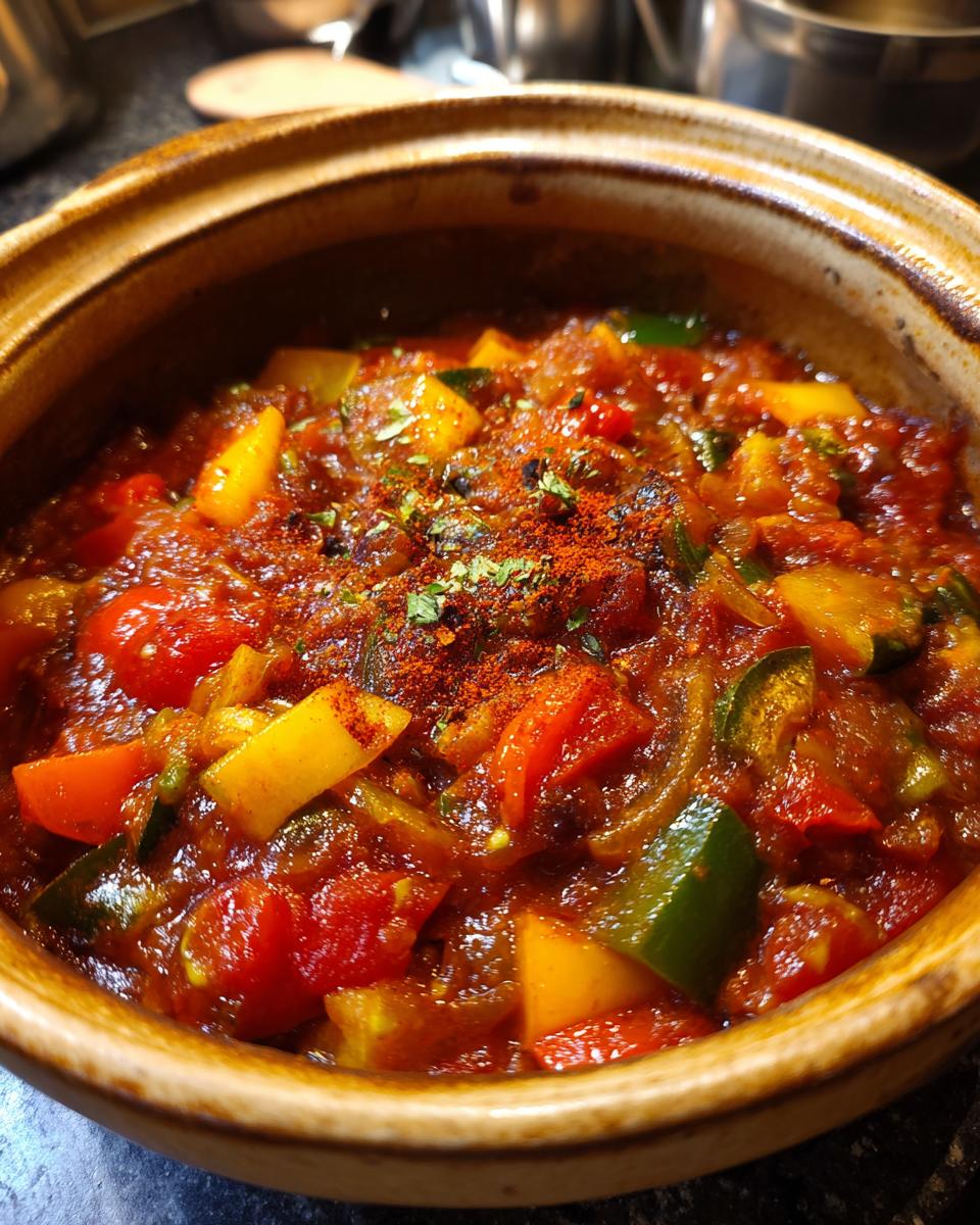 Nahaufnahme von Prebranac, einem deftigen serbischen Bohneneintopf mit Zwiebeln und Paprika, serviert in einem Tontopf.