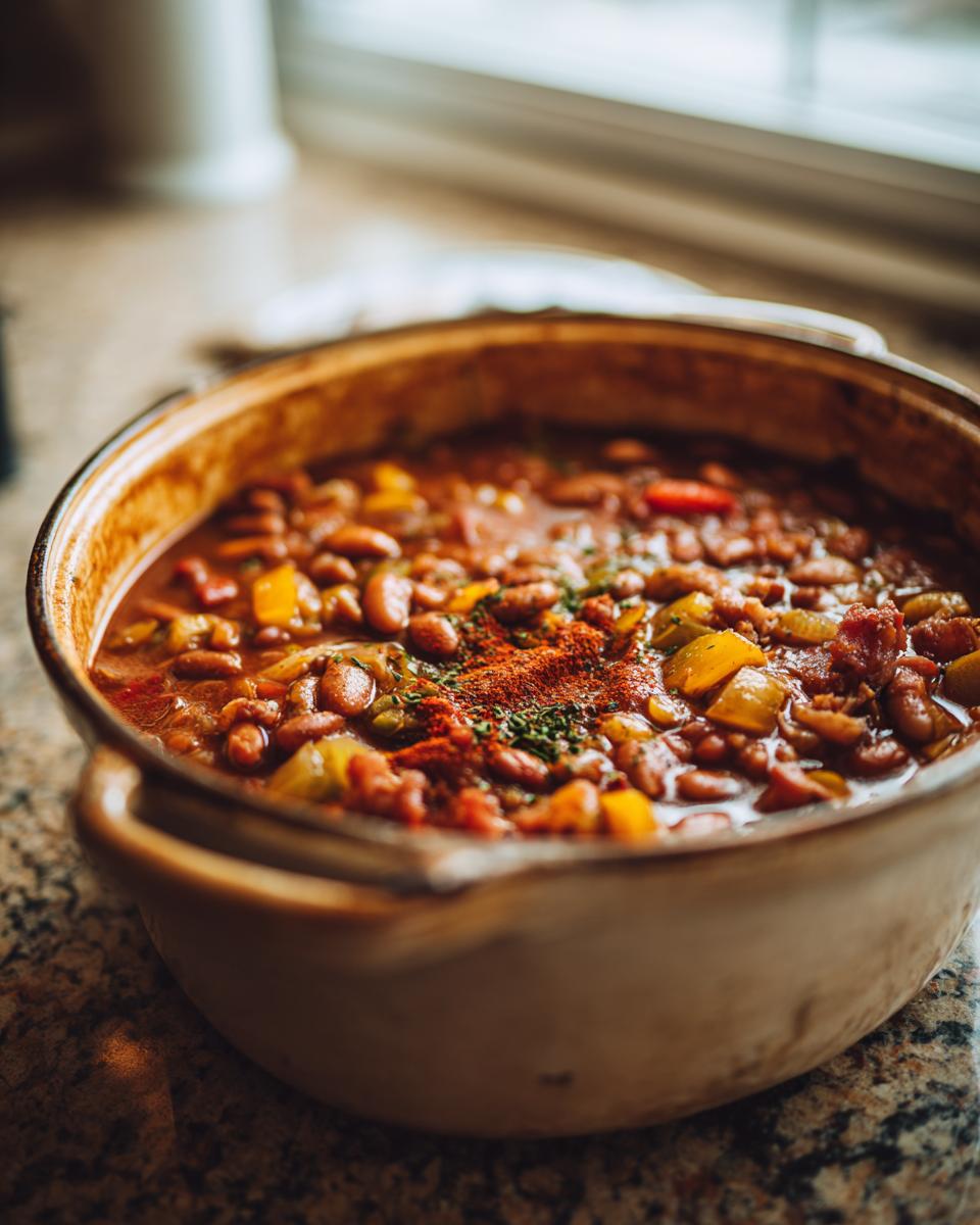 Heißer Prebranac – Serbischer Bohneneintopf mit Zwiebeln und Paprika, in einem Tontopf serviert.