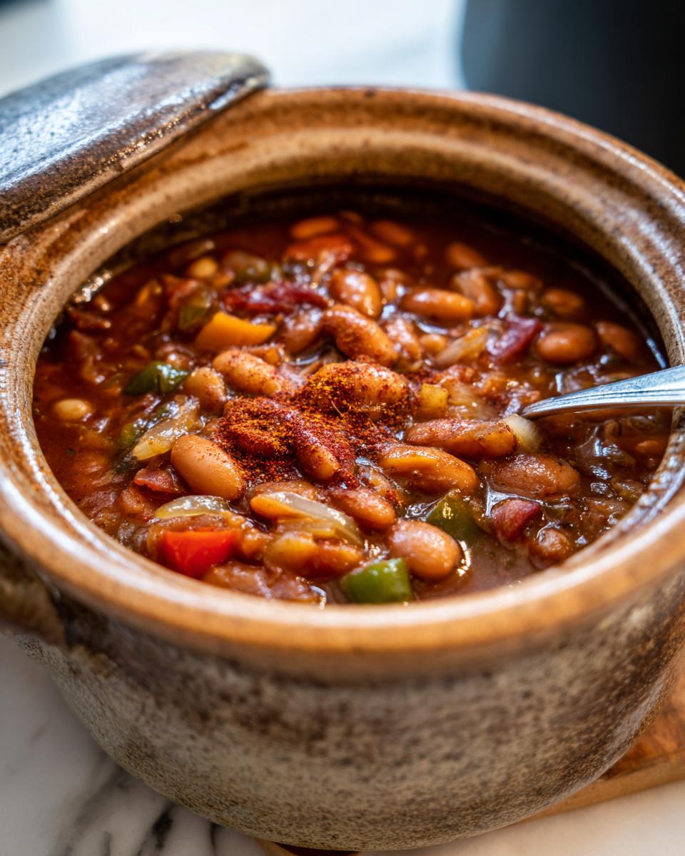 Nahaufnahme von Prebranac – Serbischer Bohneneintopf mit Zwiebeln & Paprika, serviert in einem rustikalen Tontopf.