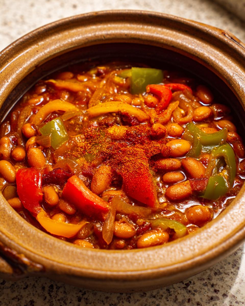 Nahaufnahme von Prebranac, einem deftigen serbischen Bohneneintopf mit Zwiebeln und Paprika, in einem Tontopf.