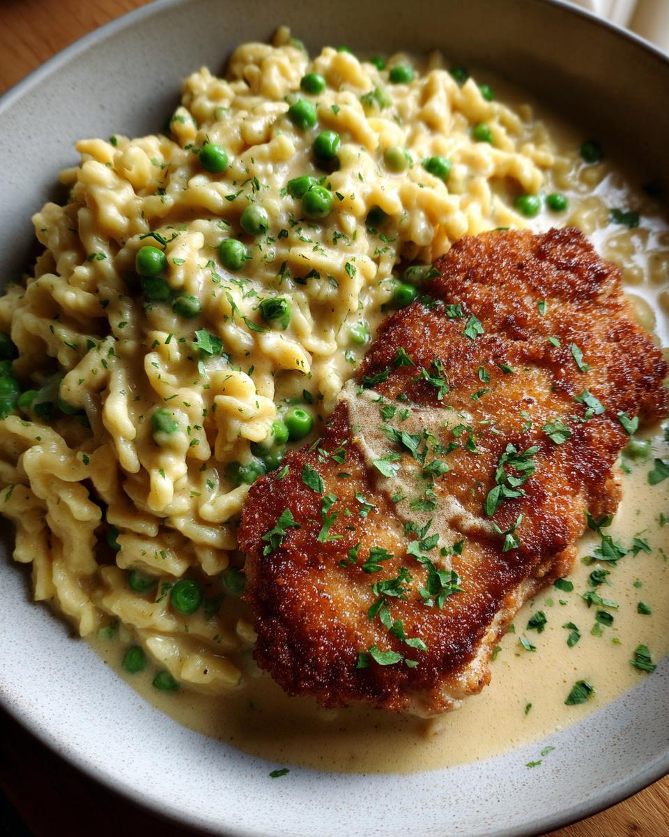 Ein Teller mit Rahmschnitzel, Butterspätzle und Erbsen, garniert mit Petersilie.