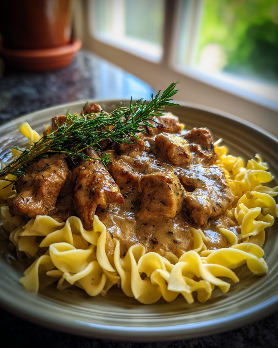 Ein Teller mit Rahmgeschnetzeltes Schnitzel-Streifen und Bandnudeln, garniert mit Rosmarin.