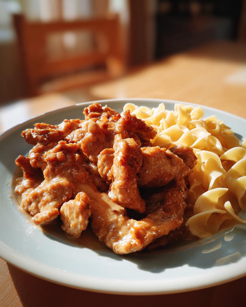 Nahaufnahme von Rahmgeschnetzeltes Schnitzel-Streifen mit Bandnudeln auf einem Teller, appetitlich serviert.