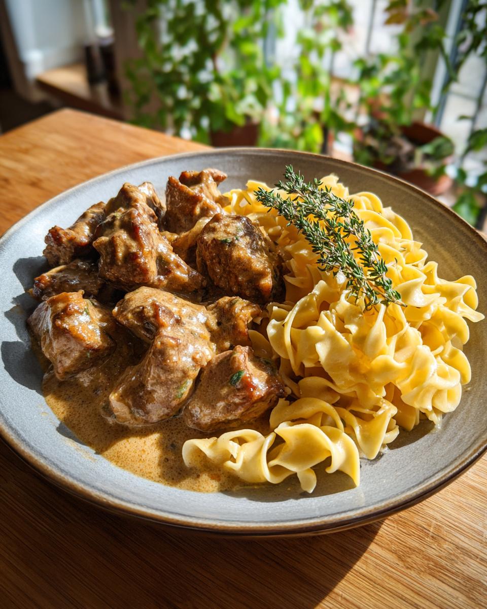 Teller mit saftigen Rahmgeschnetzeltes Schnitzel-Streifen und Bandnudeln, garniert mit frischem Thymian.
