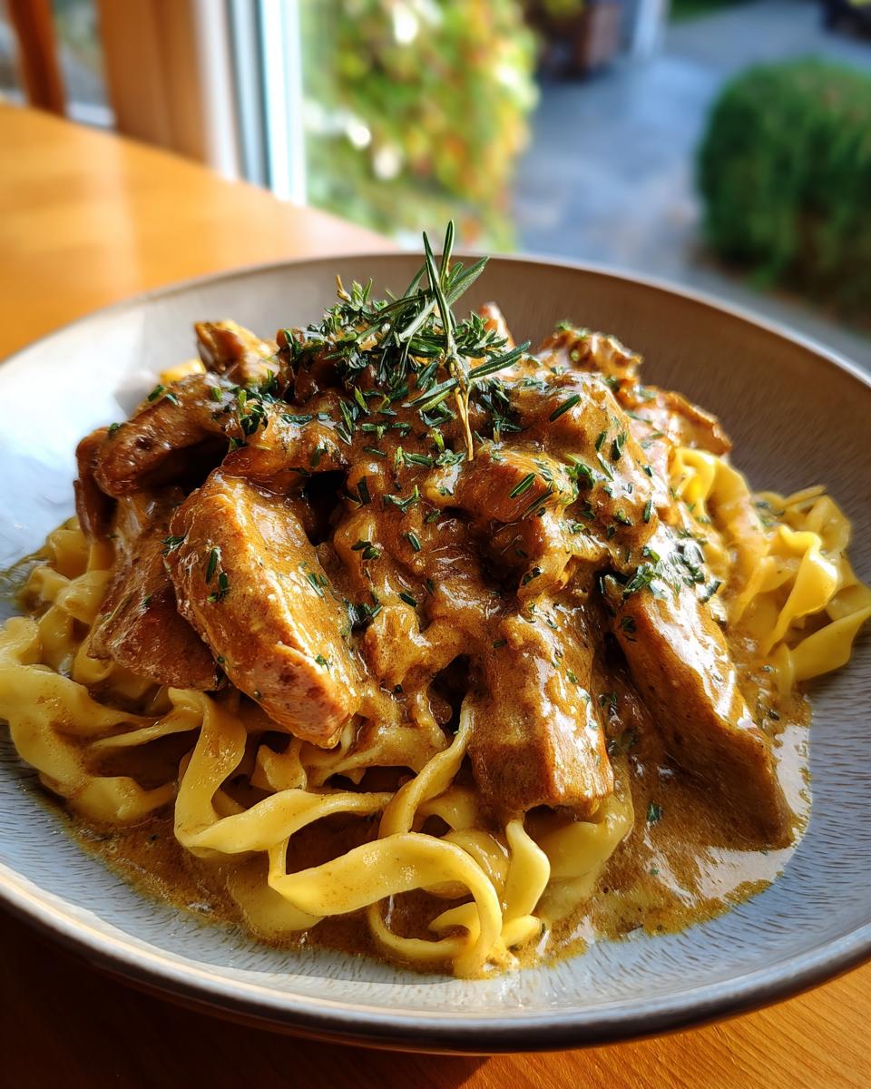 Serviert wird Rahmgeschnetzeltes mit zarten Schnitzel-Streifen und Bandnudeln, garniert mit frischen Kräutern.