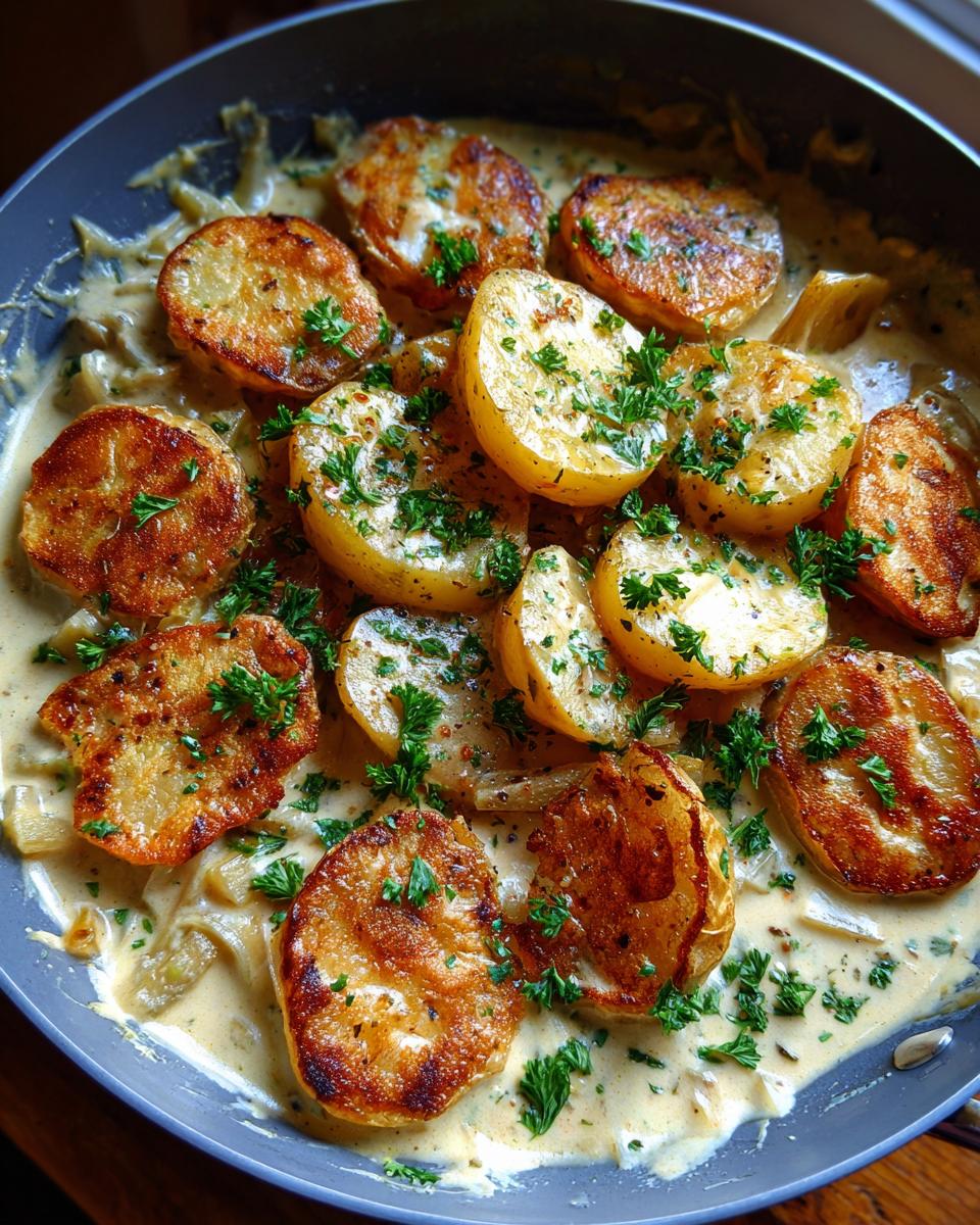 Nahaufnahme von Rahmkohlrabi mit Butterkartoffeln, garniert mit Petersilie, in einer Pfanne serviert.